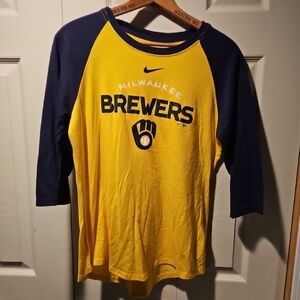 Nike  Milwaukee Brewers Yellow and Navy 3/4 Sleeve Tee